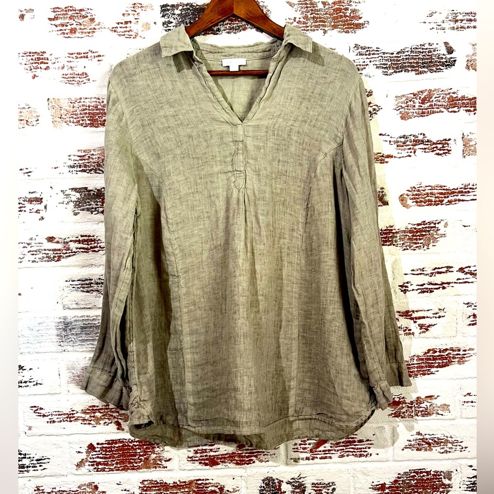 J. Jill Love Linen Blouse V Neck Collared Muted Green Long Sleeve Sz LP